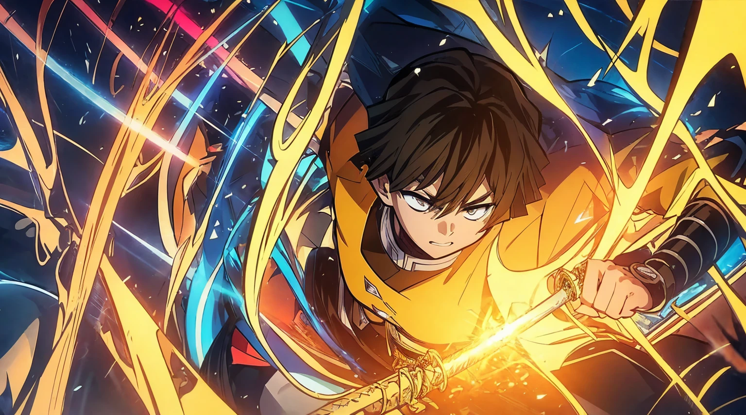 Zenith agatsuma, a character from the Demon Slayer series, ready to draw your katana, a look of intense concentration in your eyes, looking ahead with nervous anticipation, slightly leaning forward, dressed in a vibrant electric yellow costume, the atmosphere charged with lightning,