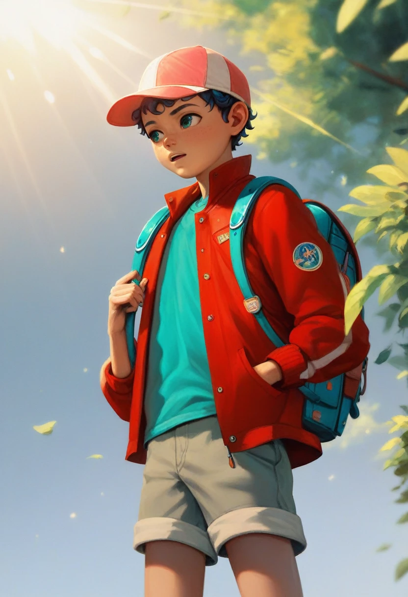 (((Masterpiece))), best quality, best quality, cowboy shot, perfect anatomy, realistic face, outdoors, sunny, warm sunlight, backlighting, dramatic lighting, painterly 1boy, (((shota))), curly hair, solo, red jacket, three quarter view, cap, backpack, hand in pocket