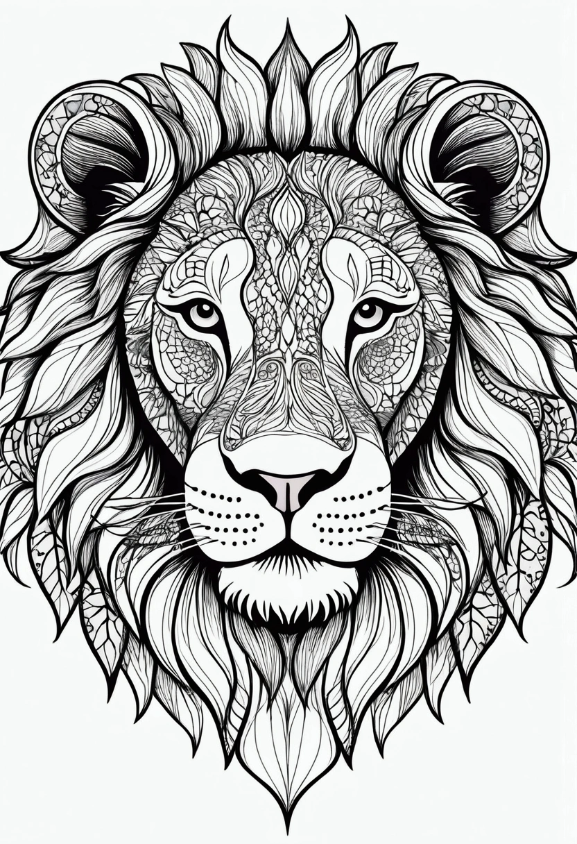 Lion face, fit to page, do not cut image, black and white, zentangle (best quality) detailed , thick line drawing, coloring book illustration style, linework thick enough to fill in with colors, perfect composition, beautiful and stunning, dynamic angle, no shading, unique style, black and white details, intricate and detailed nature elements. Keep background plain white, no art in the background. Do not cut the pictures from edges.