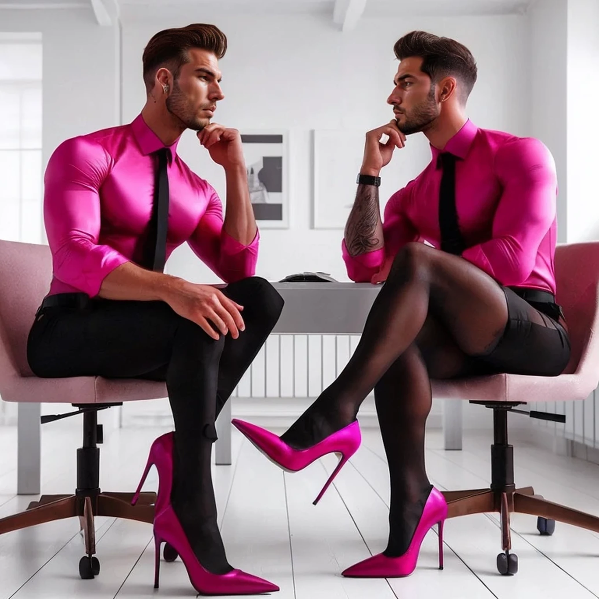Two masculine muscular hunk men with very short hair, lingerie, gaff, black nylon stockings with lace top, padded bra, extreme black stiletto high heels and with metal heels and pointy toes garterbelt, with makeup, fake nails and fake eyelashes, long earrings, bra in a boudoir