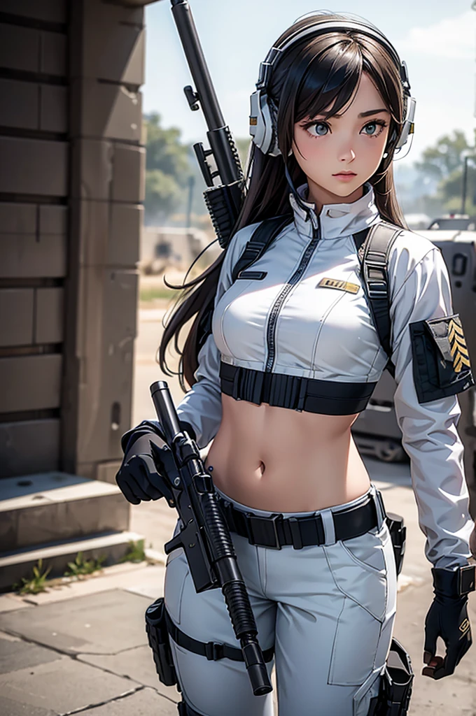 Woman in white holding a rifle and wearing headphones, 24 year old woman, young soldier, mechanized young soldier, Military Girl, beautiful female soldier, Female lead character, Military Girlราบ, Girl's sniper at war, solo female character, Future combat equipment, Half-body close-up, Woman wearing military bulletproof crop top, Show navel, Wear tactical equipment, Wear tactical armor., realistic navel shape