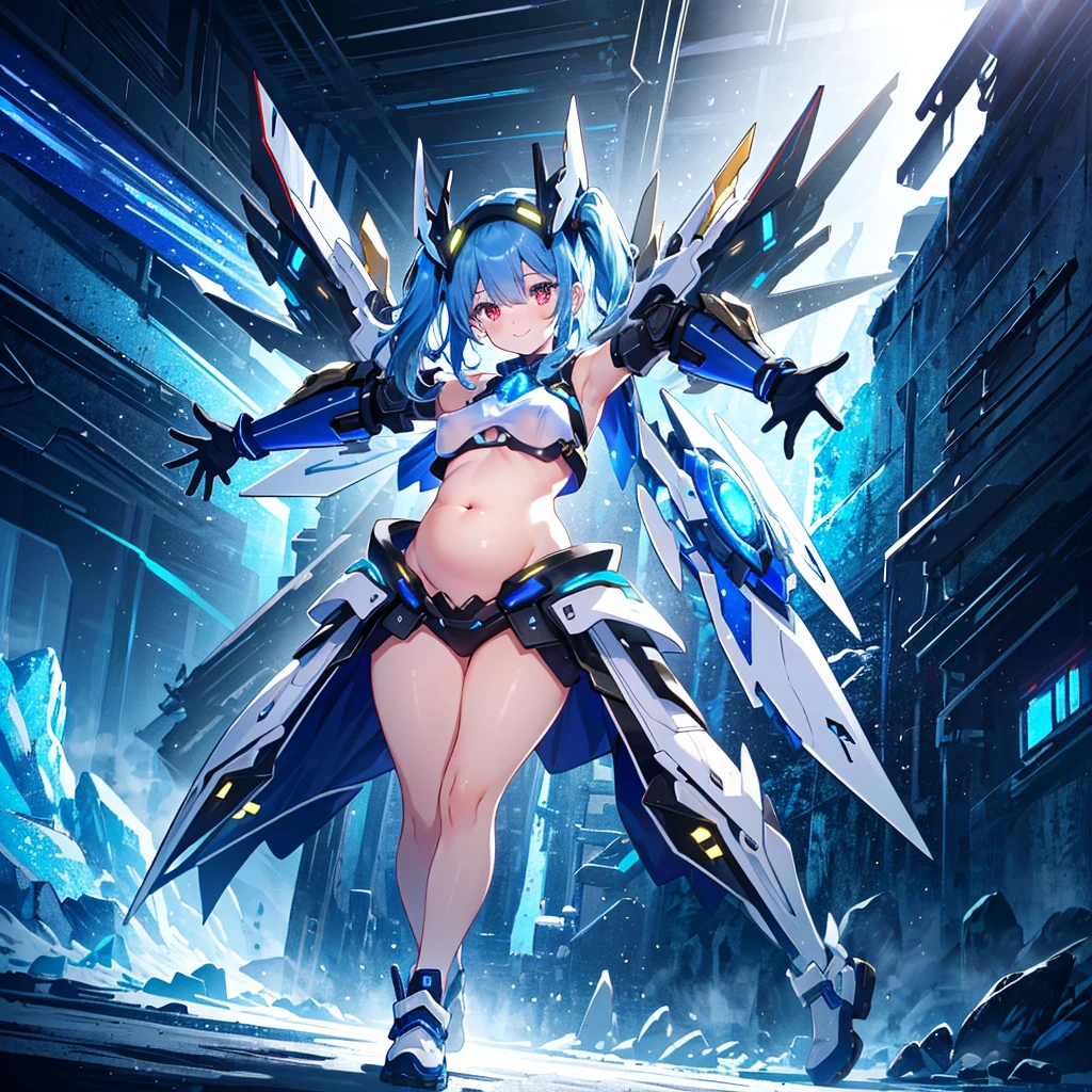 best quality, ultra detailed 8k cg render,,masterpiece, high resolution, extremely detailed,official art,science fiction, ice background,ice,(very wide shot),light and shadow,dynamic lighting,1 girl,solo,full body,attractive face ,(dancing:1.2),spread arms,looking at looking at viewer,smile,blue hair,side ponytail,black hairred eyes, long eyelashes,red eyes,straight eyeliner,tiny girl,see-through dress, glowing, glow white,mecha musume, headgear,(highly detailed full blue armor),a heavy mech with massive and strong design,((belly button visible, wide skin area,nsfw)),