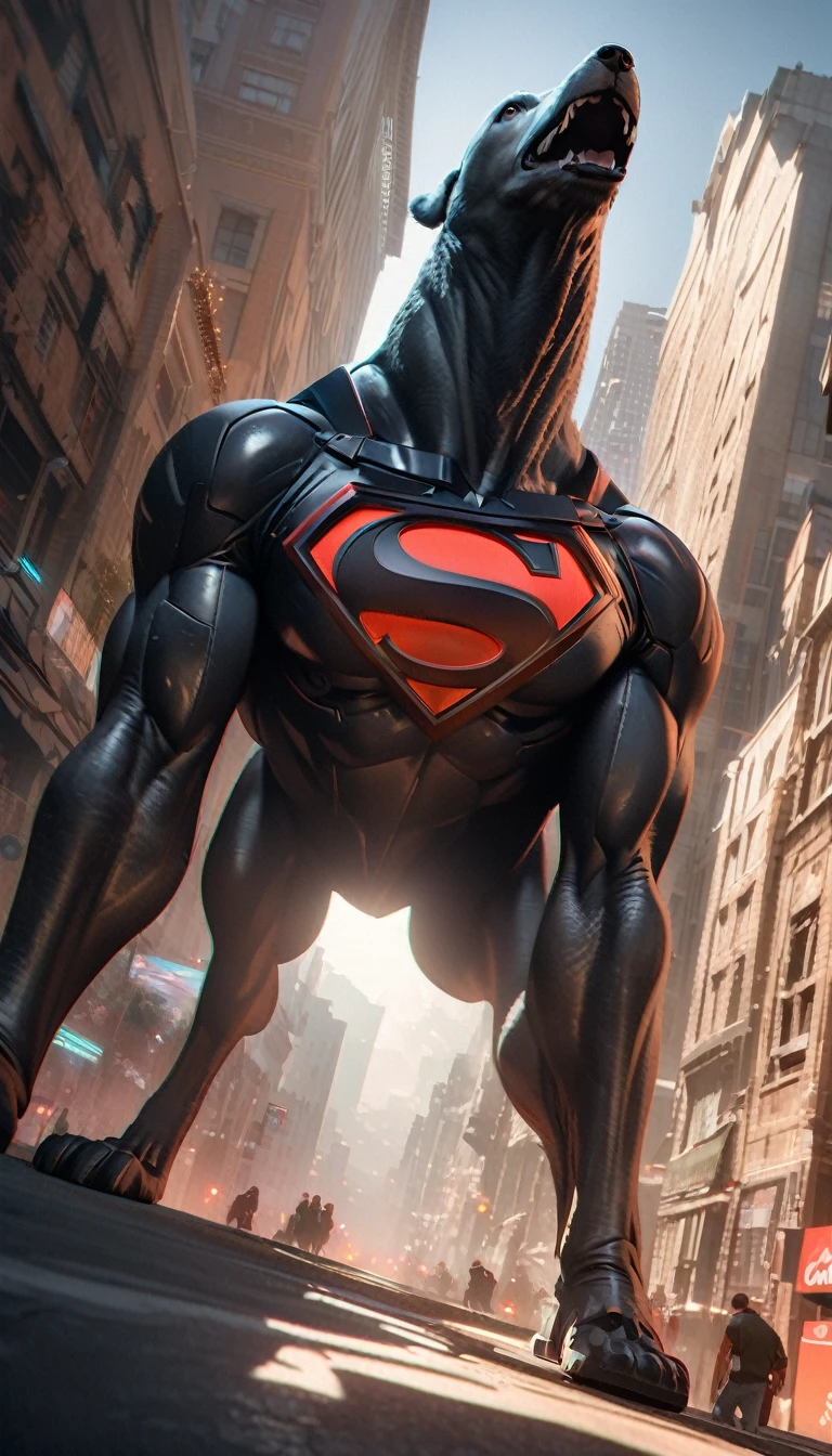 Low angle view,Looking up,Dog in Superman costume hovers over city,Canon EOS R5,Photo effects,Graininess,Glowing Effects,Super Fine,Ultra-realistic,Real light and shadow contrast,True ray tracing,True light falloff,True light reflection,Anti-aesthetic style,Poodlepunk,Snapshot aesthetic style , High Saturation,CG Art, Makoto Shinkai's photo, pure, Concept Art, Lofi Art style,Shinkai Makoto animation art style, Lofi Art, Beautiful anime scene, Anime Landscape, Detailed scenery, Makoto Shinkai's style, Makoto Shinkai's style, Enhance Details