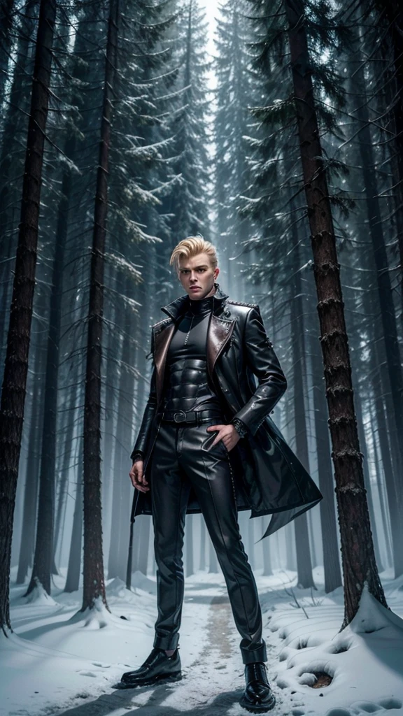 a slender attractive handsome man, muscular torso, with retrofuturistic style, short spiky wavy blond hair, dark eyes, dark gray overcoat, black pants with bronze details, futuristic laser gun with a snowy forest scene with a futuristic spaceship flying in the sky