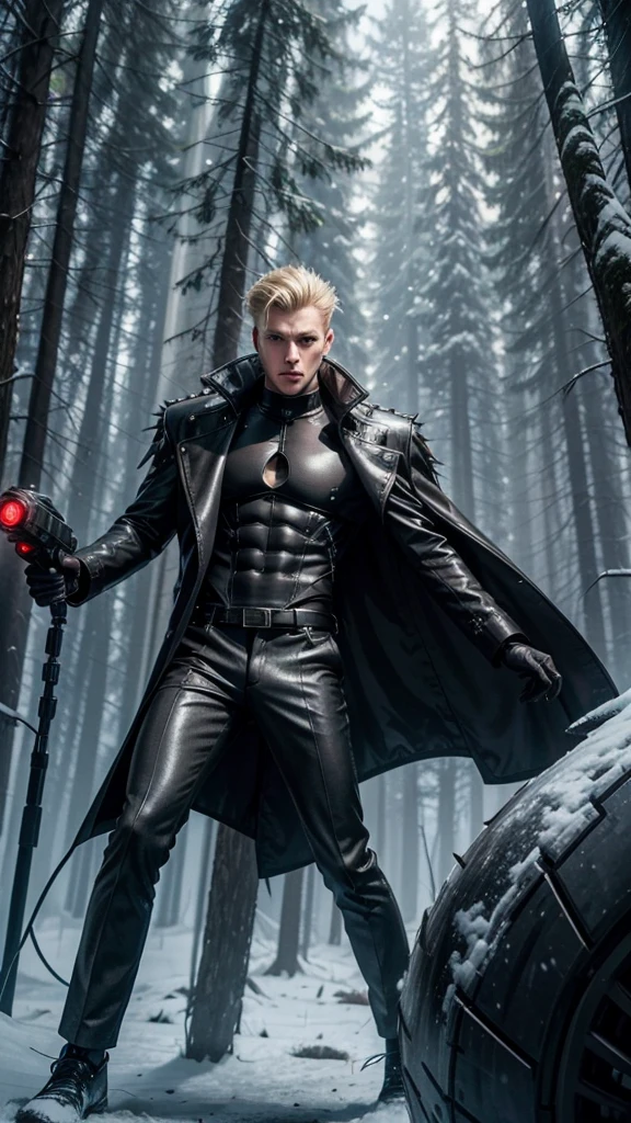 Closeup, slender attractive handsome man, muscular torso, with retrofuturistic style, short spiky wavy blond hair, dark eyes, dark gray overcoat, black pants with bronze details, futuristic laser gun with a snowy forest scene with a futuristic spaceship flying in the sky