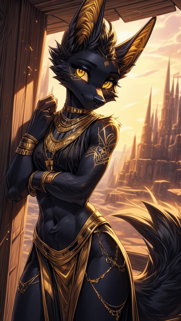 Masterpiece Best quality, the best definition to add aesthetic and lighting details Black girl jackal, egiptian clothes,  girl, ,black body, ( the best definition in the body, good attributes, styled body, slanted eyes, sensual look) egipt landscape, golden tattoo body, sensual eyes, yellow pupil 