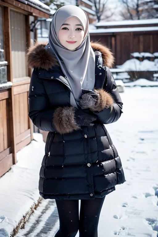 Best quality, 4K, 8K, Detailed faces,fully body photo, Clear face, Japanese muslim girl, 22 years old girl, Perfect body figure, Long slim legs, Pasmina hijab, Long down jacket with hood, Fur trim jacket, Snowy Tokyo background 