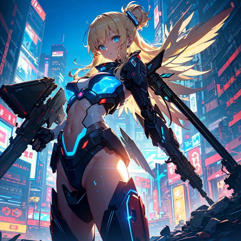 
(Top Quality, 16k, Super Detailed, Detailed Face), (Masterpiece), (Perfect Anatomy: 1.4), ((Cyberpunk)), (Blown Out Skin: 1.4), (1 Girl, Solo ), (Spread out glowing mecha wing unit: 1.3), (Glowing mecha weapon: 1.2), (Mecha light gun), (Cerulean blue sky, future cityscape: 1.3), 17 years old, bright blonde hair, (Two Sides Updo, long hair), medium breasts, navel visible, wide skin area,