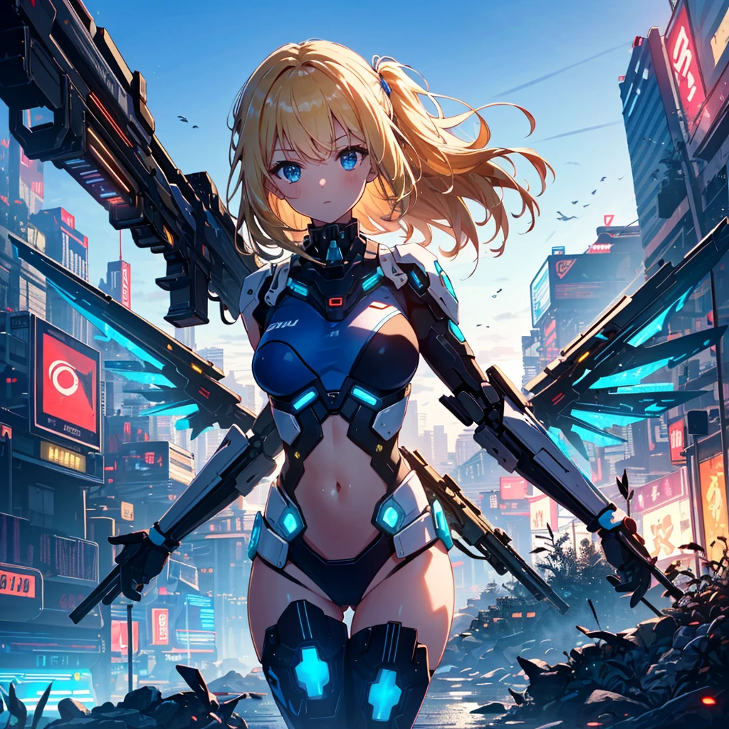 (Top Quality, 16k, Super Detailed, Detailed Face), (Masterpiece), (Perfect Anatomy: 1.4), ((Cyberpunk)), (Blown Out Skin: 1.4), (1 Girl, Solo ), (Spread out glowing mecha wing unit: 1.3), (Glowing mecha weapon: 1.2), (Mecha light gun), (Cerulean blue sky, future cityscape: 1.3), 17 years old, bright blonde hair, (Two Sides Updo, long hair), medium breasts, navel visible, wide skin area,