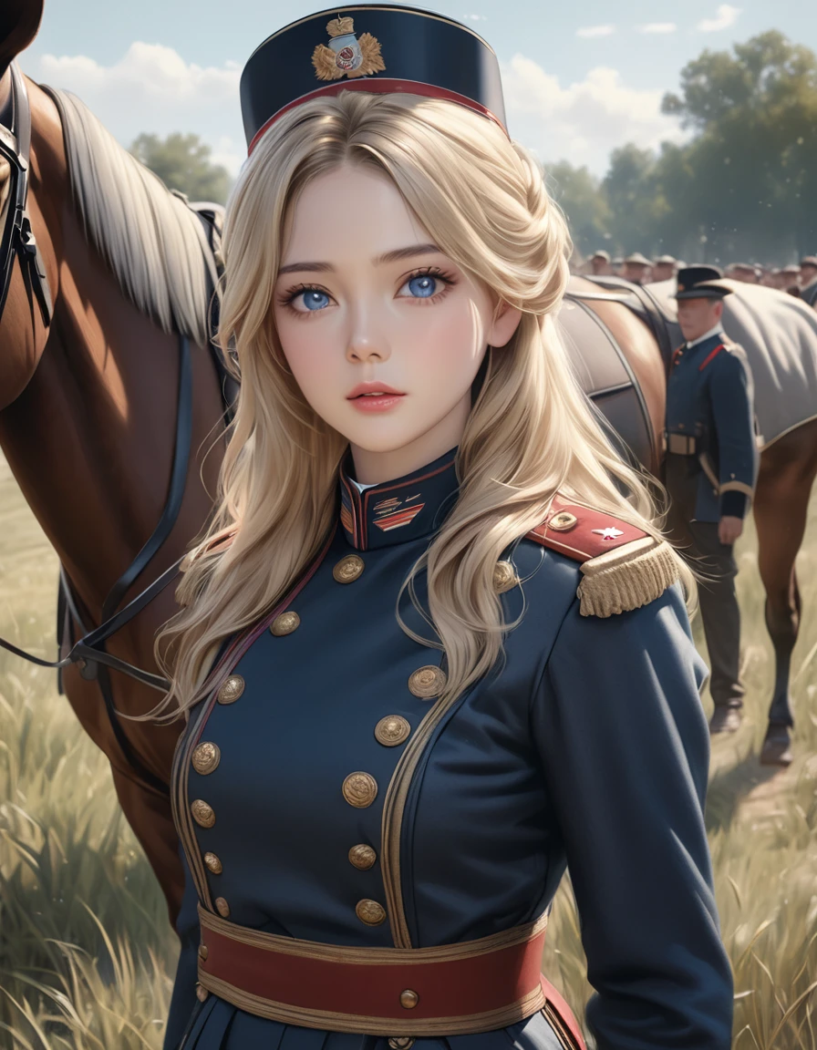 high quality, detailed, photo Realistic, (1 female),(25 years old), (detailed blue eyes), (light blond hair),(shiny skin),19th century field marshall,(best quality,4k,8k,highres,masterpiece:1.2),(realistic,photorealistic,photo-realistic:1.37),