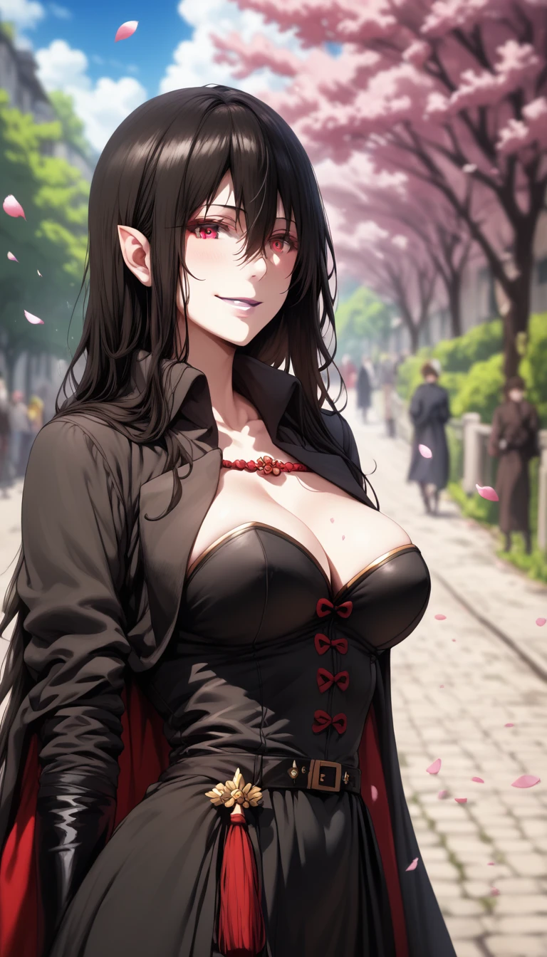(hews art style:0.7), (hero neisan art style:0.7), score_9, score_8_up, score_7_up, score_6_up, score_5_up, score_4_up, uncensored, black hair, red eyes, purple lipstick, hair between eyes, long hair, short pointy ears, pale skin, BREAK (masterpiece:1.2), best quality, high resolution, (detailed eyes:1.3), perfect lighting, (perfect hands, perfect anatomy), 1girl, petals, breasts, gloves, solo, smirk, looking_at_viewer, black_gloves, upper_body, dress, blurry, depth_of_field, tassel, cape, blurry_foreground, holding, black_dress, elbow_gloves, large_breasts, grin, parted_lips, wide_sleeves, cleavage,