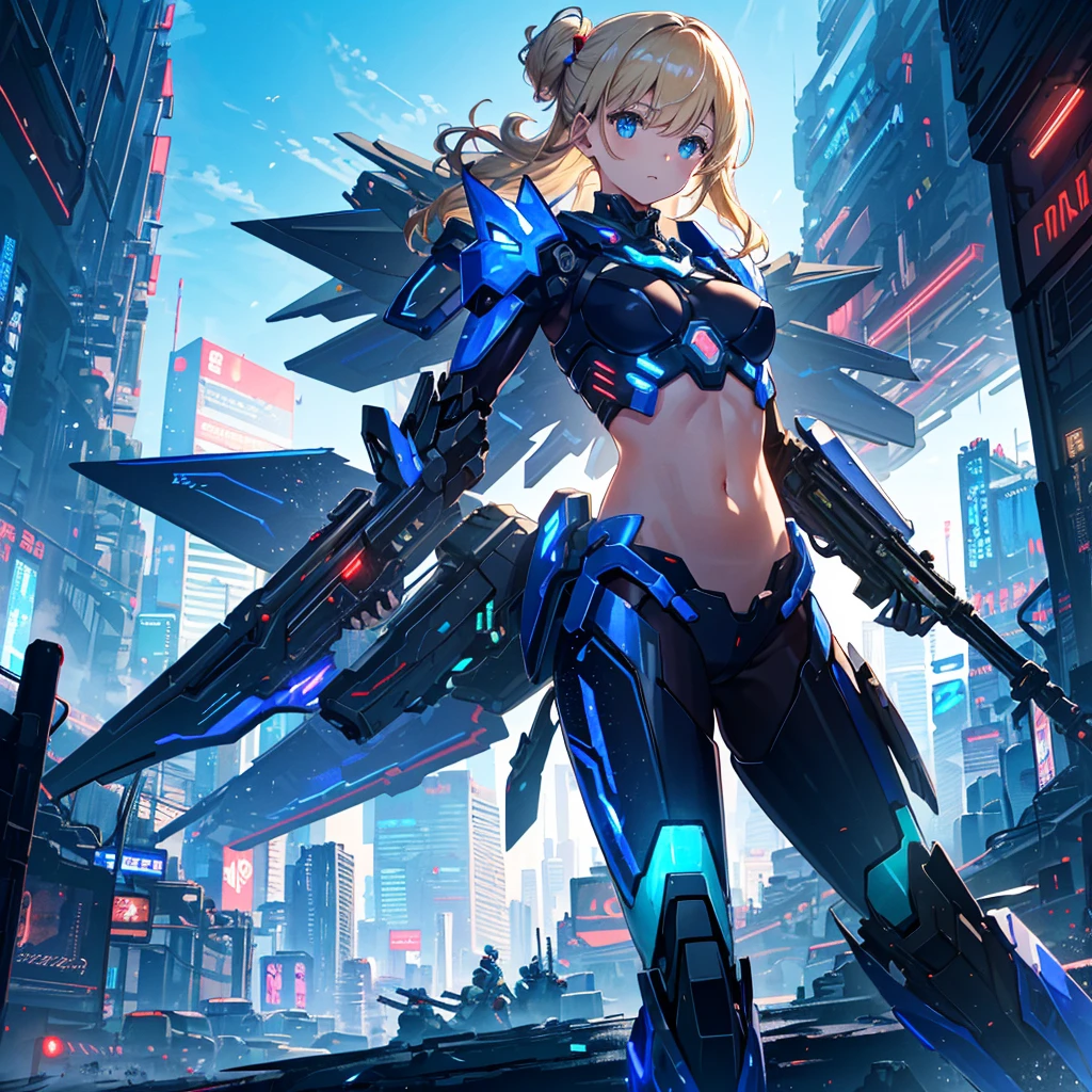 (Top Quality, 16k, Super Detailed, Detailed Face), (Masterpiece), (Perfect Anatomy: 1.4), ((Cyberpunk)), (Blown Out Skin: 1.4), (1 Girl, Solo ), (Spread out glowing mecha wing unit: 1.3), (Glowing mecha weapon: 1.2), (Mecha light gun), (Cerulean blue sky, future cityscape: 1.3), 17 years old, bright blonde hair, (Two Sides Updo, long hair), medium breasts, navel visible, wide skin area,
