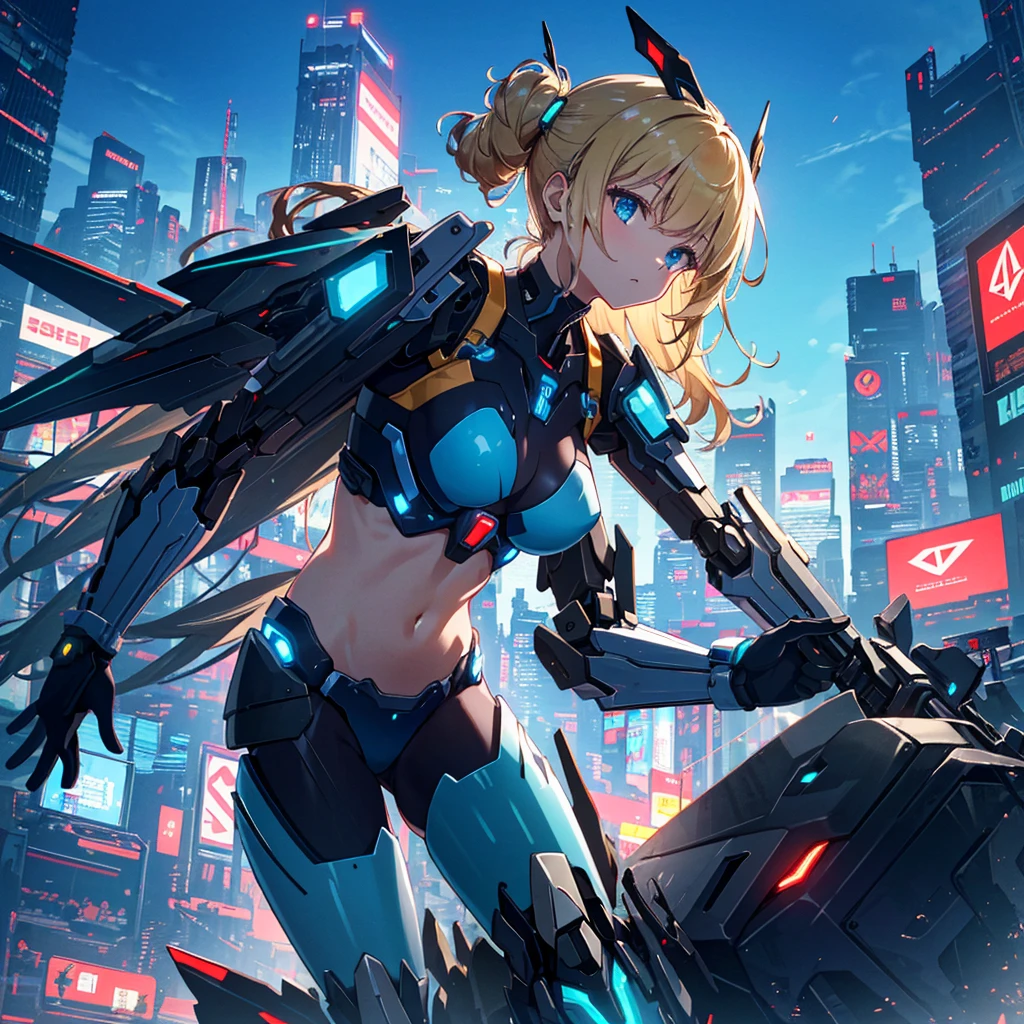 (Top Quality, 16k, Super Detailed, Detailed Face), (Masterpiece), (Perfect ???????: 1.4), ((Cyberpunk)), (Blown Out Skin: 1.4), (1 Girl, Solo ), (Spread out glowing mecha wing unit: 1.3), (Glowing mecha weapon: 1.2), (Mecha light gun), (Cerulean blue sky, future cityscape: 1.3), 17 years old, bright blonde hair, (Two Sides Updo, long hair), medium breasts, navel visible, wide skin area,