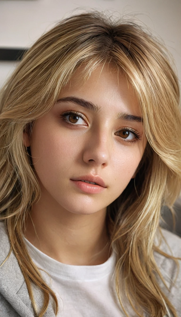realistic, detailed, realistic details,, break,, blonde, brown eyes, in a student room, layed on the bed