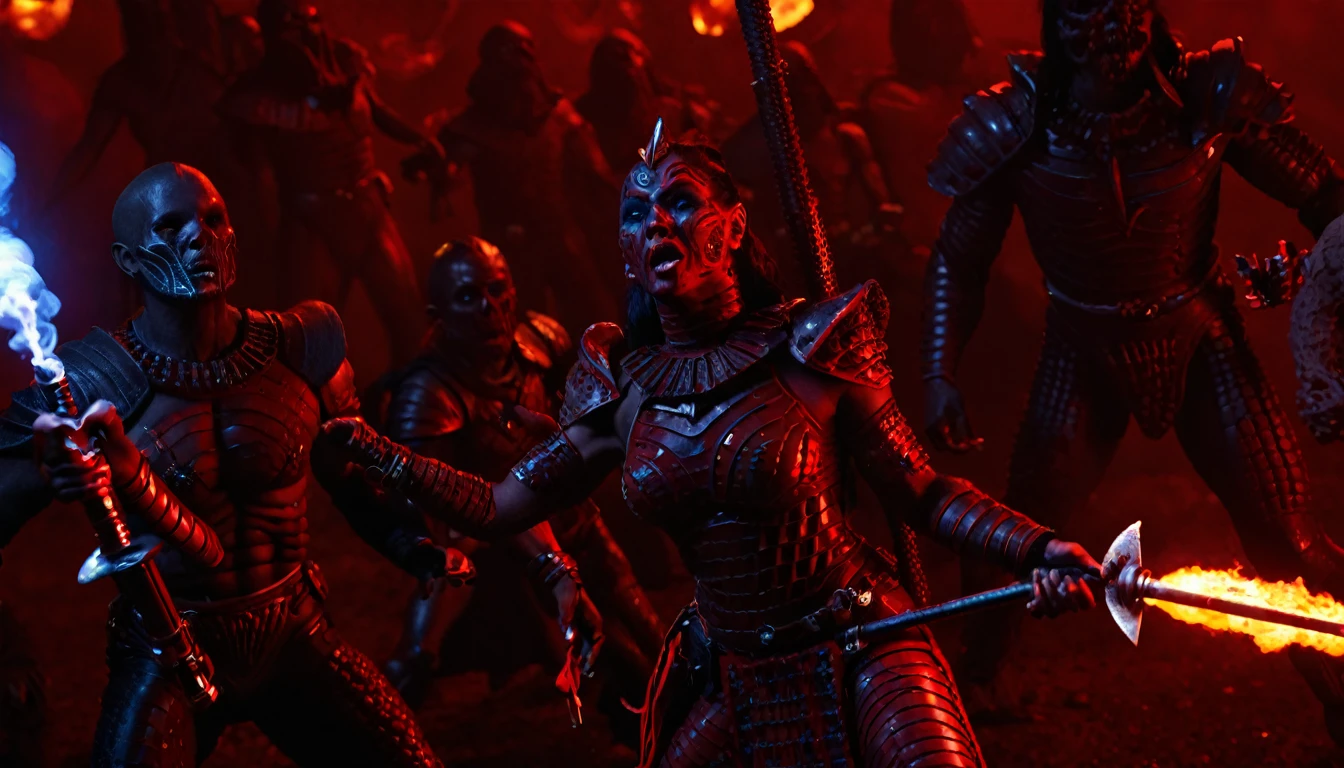 (3D rendering:3.1) in (medium full shot:3.1) in (high-angle aerial view:3.1) of lot of characters from a movie for slave girls from beyond infinity, inspired by Clyde Caldwell and Greg Rutkowski art, barbarian warriors with sword in battles against space creatures, monsters, daemons, aliens, mutant, with explosions, smoke and fire, (with Creepy, Sci-Fi, Fantasy and Horror:2.9) retro sci fi, Horror movie, very detailed body, moody, epic, ((Cinematic film)), ((Ultra Detailed)), Complex, ((Sharp Focus)), Object Texture, Studio Photo, Complex Details, ((Highly Detailed)), Photo Real Style, ((Hyper-realistic)), High Dynamic Range, ((Realistic Textures)), 8K UHD, Nikon D 850, Kodak Portra 400, Fujifilm XT, rich colors, (3D rendering:3.1)