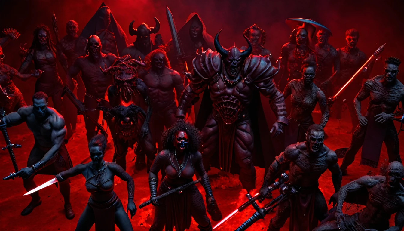 (3D rendering:3.1) in (medium full shot:3.1) in (high-angle aerial view:3.1) of lot of characters from a movie for slave girls from beyond infinity, inspired by Clyde Caldwell and Greg Rutkowski art, barbarian warriors with sword in battles against space creatures, monsters, daemons, aliens, mutant, with explosions, smoke and fire, (with Creepy, Sci-Fi, Fantasy and Horror:2.9) retro sci fi, Horror movie, very detailed body, moody, epic, ((Cinematic film)), ((Ultra Detailed)), Complex, ((Sharp Focus)), Object Texture, Studio Photo, Complex Details, ((Highly Detailed)), Photo Real Style, ((Hyper-realistic)), High Dynamic Range, ((Realistic Textures)), 8K UHD, Nikon D 850, Kodak Portra 400, Fujifilm XT, rich colors, (3D rendering:3.1)