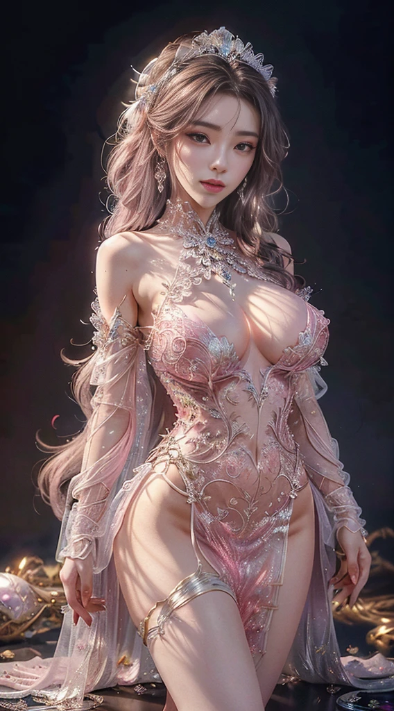 Woman wearing a silver transparent dress,Beautiful eyes, slender thighs，(((pink nipples,The breasts are very large., bare chest,The cracks are quite large.))),Slender waist,(bare waist), long gray hair, micro curly hair, Very detailed details,high end art station, rainstorm website, Detailed fantasy art, Amazing character art, Beautiful and beautiful character art, Beautiful gold and silver armor, The content is very detailed., Girl in a glittery dress, Beautiful headdresses and accessories,Filigree crystal jewelry, galaxy, Amazing pictures, (dynamic lines, Track light:1.2), Lively with color,8ก，quality,The floor was smeared with white, very sticky water.,I&#39;m very wet.