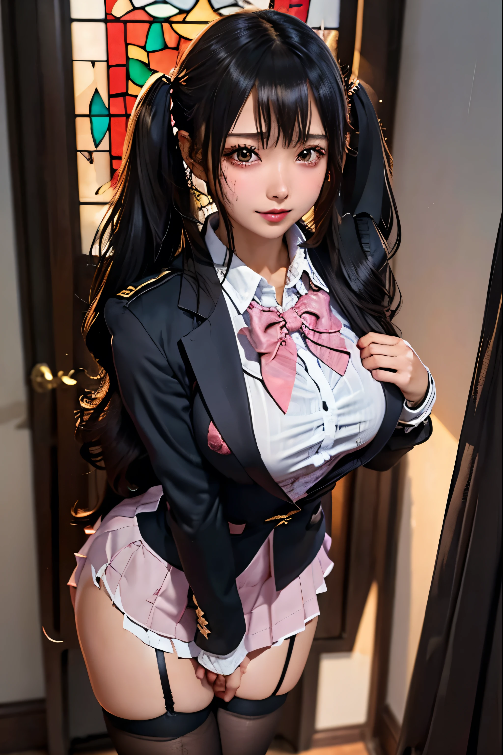 masterpiece, bestquality, (detailed eyes:1.4), pink eyes, ray tracing, soft lighting, sexy lingerie sitting on a bed, hyperrealistic, photorealistic anime girl render, realistic anime 3d style, smooth anime cg art, multicolour hair, 