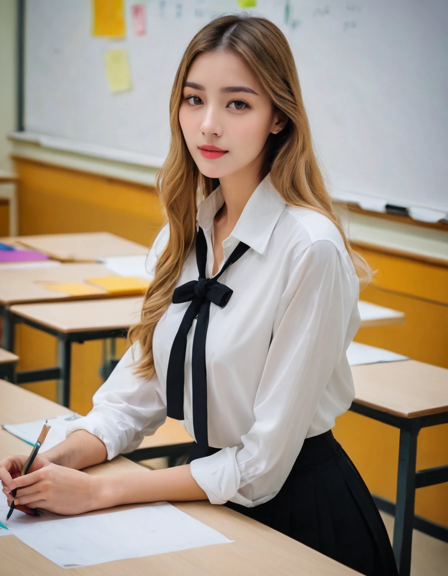 score_9, score_8_up, score_7_up, 1girl, teacher, white knotted shirt, black pencil-skirt, classroom, posing, blonde hair, long hair