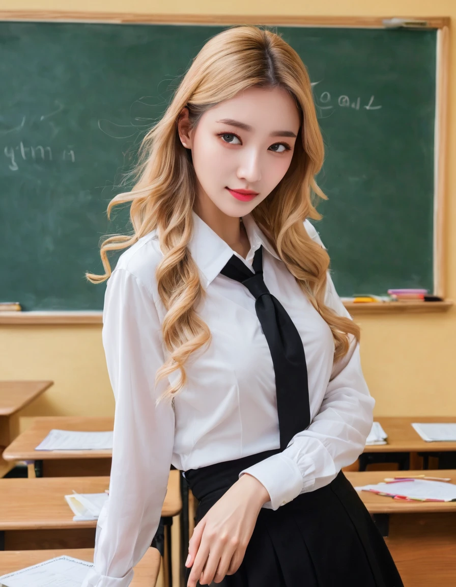 score_9, score_8_up, score_7_up, 1girl, teacher, white knotted shirt, black pencil-skirt, classroom, posing, blonde hair, long hair