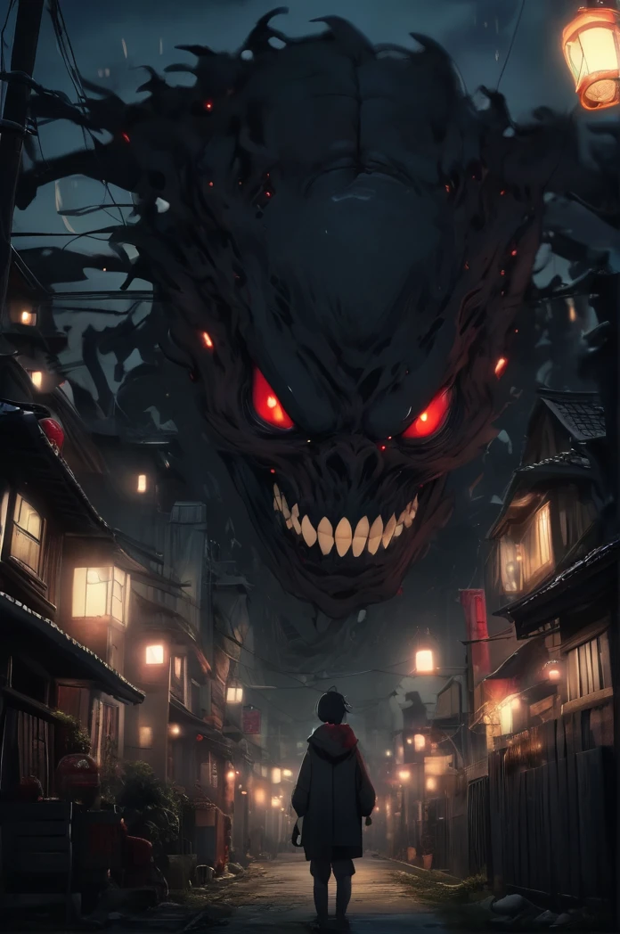 8k、Super Resolution、Very realistic images、Aerial view of a small Japanese town at night、A gigantic skeletal monster with no lower body、Mouth open、Red eyes、Shallow depth of field, Vignette, Very detailed, High budget, Bokeh, CinemaScope, Sulky, amazing, nice, Film Grain, granular . Creepy, Anxious, dark, Creepyな, Suspenseful, strict, Very detailed