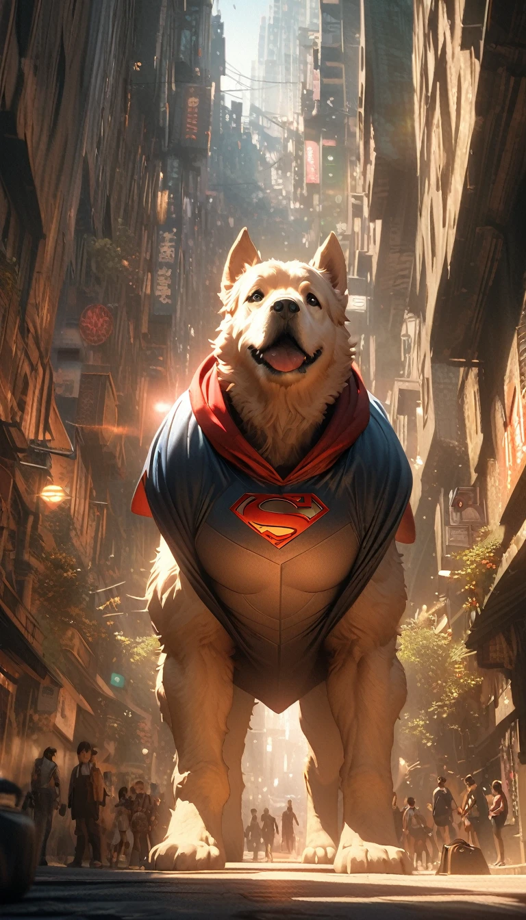 Low angle view，Looking up，Dog in Superman costume hovers over city，Canon EOS R5，Photo effects，Graininess，Glowing Effects，Super Fine，Ultra-realistic，Real light and shadow contrast，True ray tracing，True light falloff，True light reflection，Poodlepunk，Snapshot aesthetic style ， High Saturation，CG Art，  Beautiful anime scene, Anime Landscape, Detailed scenery, , Enhance Details