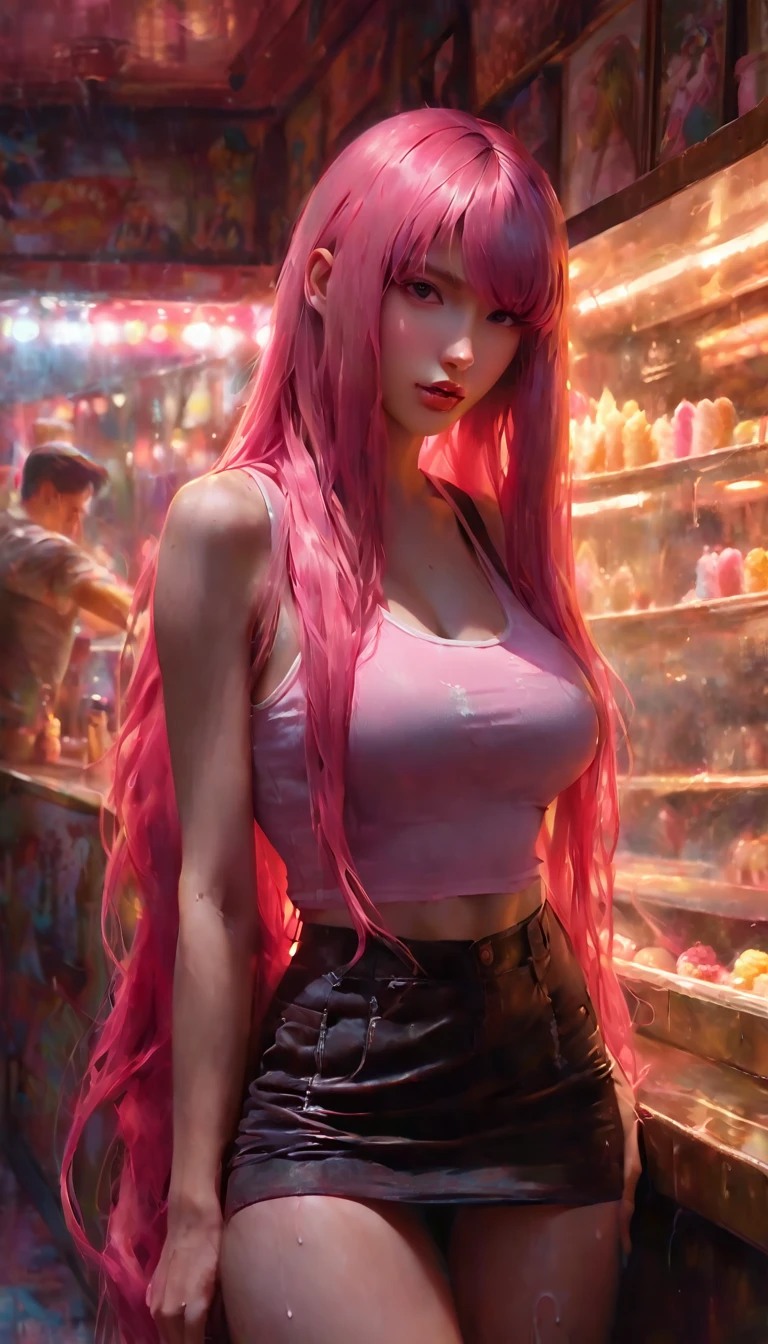 Sexy girl, long pink hair, tight miniskirt, plain tank top, big nipples, holding an ice cream in an ice cream shop oil painting, chiaroscuro, sensual, dramatic lighting, moody atmosphere, photorealistic, intricate details, masterpiece, ultra-detailed, high quality, 8k, best quality, realistic, cinematic, dark and brooding, expressionistic, powerful composition, emotional impact, Bill Sienkiewicz inspired art