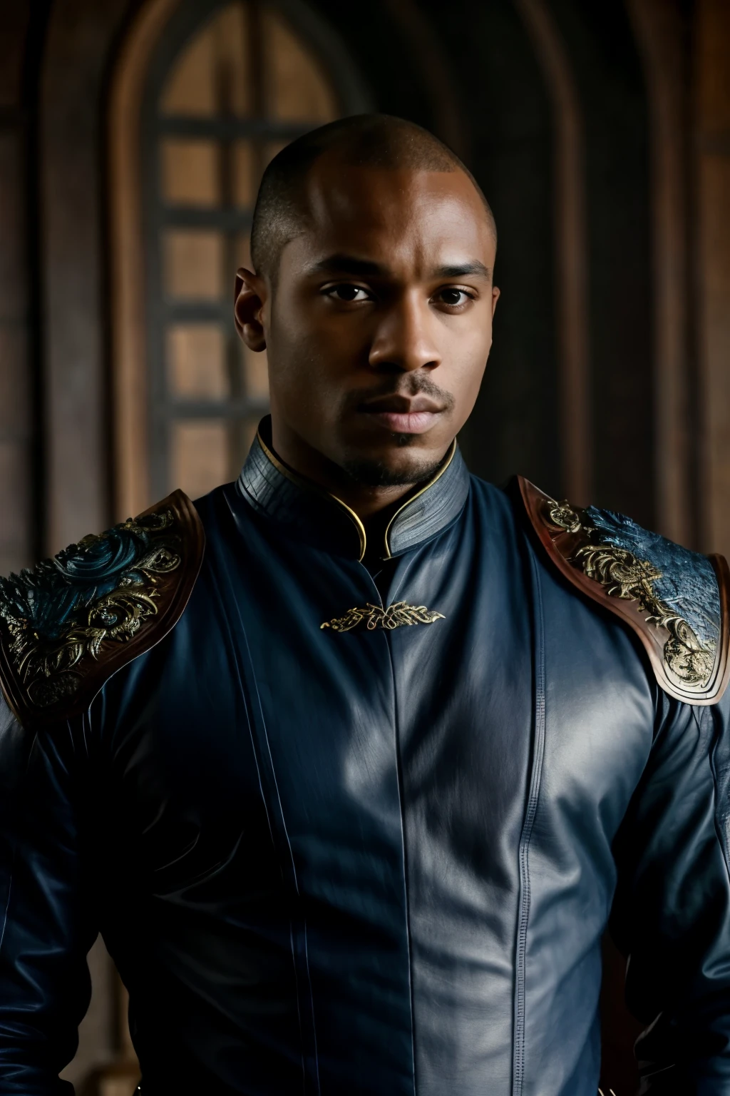 A Man, House Velaryon, Dark Eyes, Dark Brown Skin, No Hair, Blue Clothing, Wide Chest, House of the Dragon, Game of Thrones, Bald, Dark Brown Skin, Purple Eyes, Brown Skin, White Eyebrows, House Velaryon, Blue Clothing,