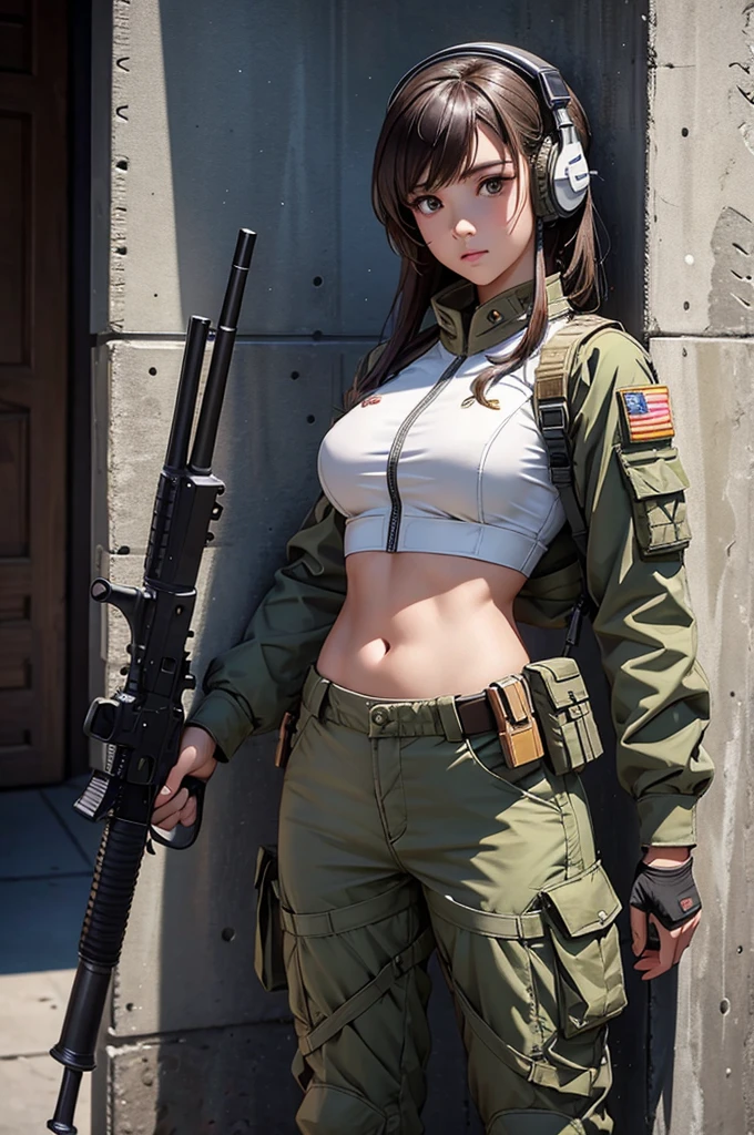 Woman in white holding a rifle and wearing headphones, 24 year old woman, young soldier, mechanized young soldier, Military Girl, beautiful female soldier, Female lead character, Military Girlราบ, Girl's sniper at war, solo female character, Future combat equipment, Half-body close-up, Woman wearing military bulletproof crop top, Show navel, Wear tactical equipment, Wear tactical armor., realistic navel shape