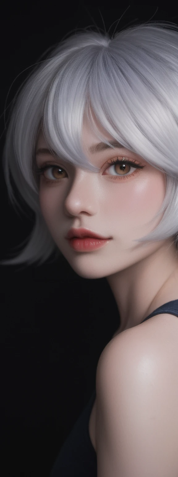 cinematic film, Realistic photograph,realistic, score_9, score_8_up, score_7_up, score_6_up,
1girl, solo, from front, upper body, Tristana \(league of legends\), black background, makeup, sidelighting, backlighting, glowing,