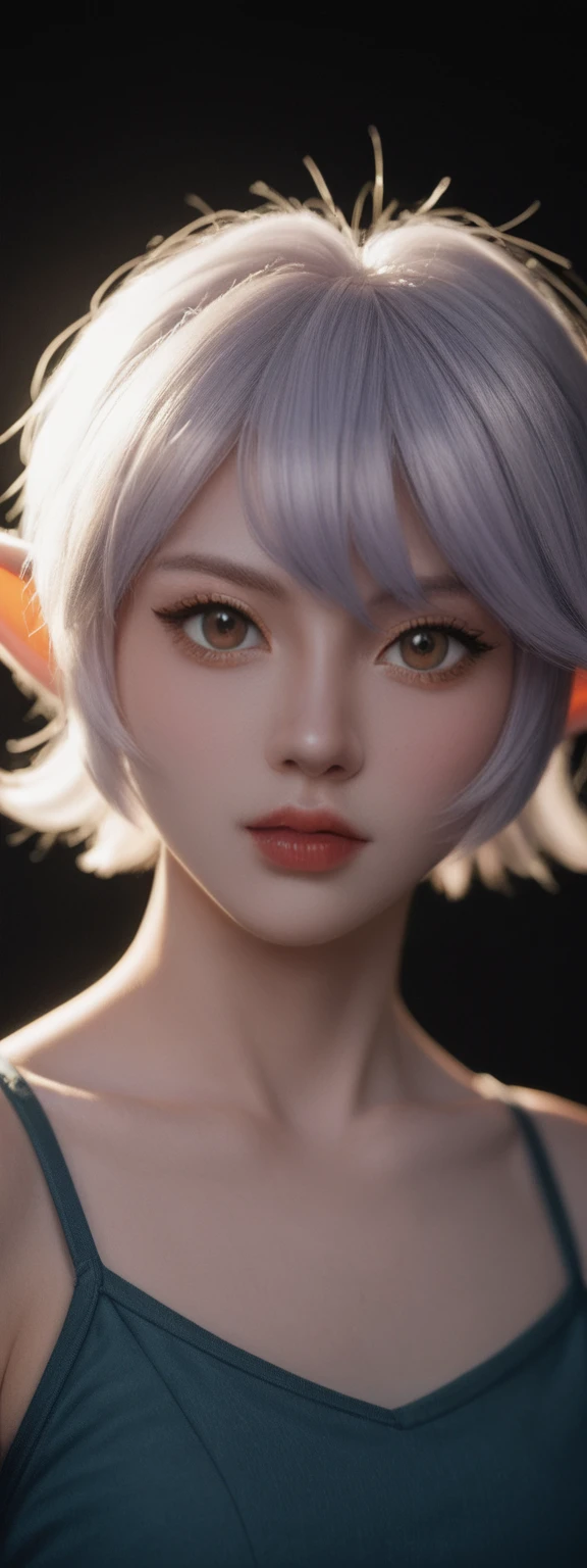 cinematic film, Realistic photograph,realistic, score_9, score_8_up, score_7_up, score_6_up, 
1girl, solo, from front, upper body, Tristana \(league of legends\),  black background, makeup, sidelighting, backlighting, glowing,