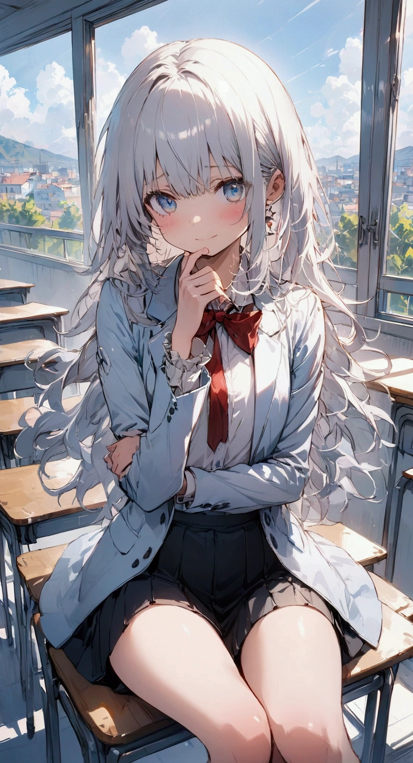 "High-quality anime-style illustration of a cute girl with long silver hair and bright blue eyes, sitting in a classroom. She is wearing a with a white blazer, red bow, and black skirt. The girl is looking slightly to the side with a shy expression, her hand near her face, and her legs crossed. The background shows a sunny classroom with desks and windows."