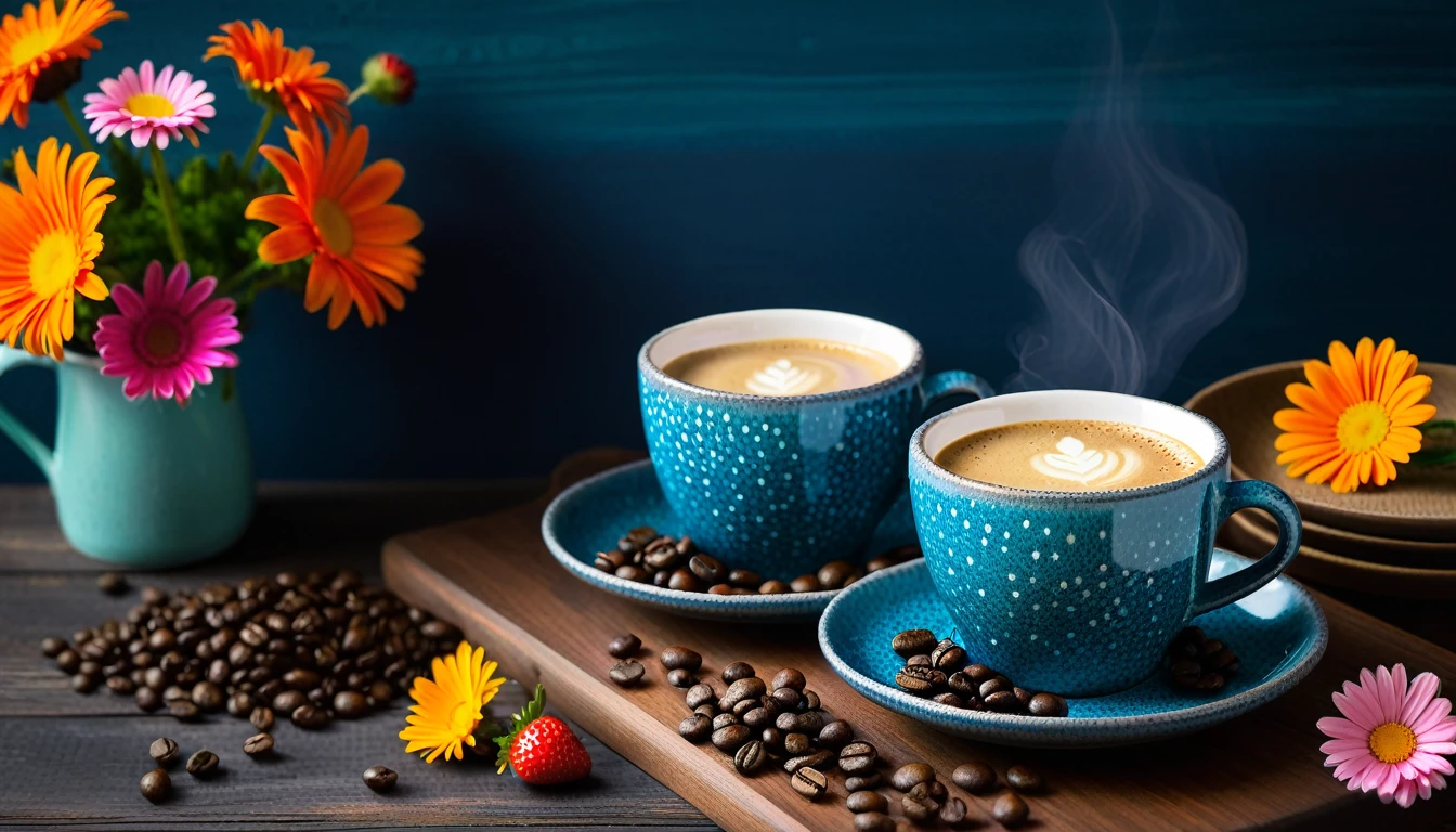 Create an image featuring two rustic blue speckled mugs on saucers,filled with a coffee cup, set on a dark wooden table. Surround the mugs with many vibrant orange and pink daisy-like flowers on the pot, some petals scattered. Include fresh strawberries and scattered coffee beans in the composition. The background should have a moody ambiance with teal and blue hues, accentuated by soft lighting that casts a cozy glow over the scene. first person view from the front,focus on the cup, litle blur on the background,focus on coffee cup,