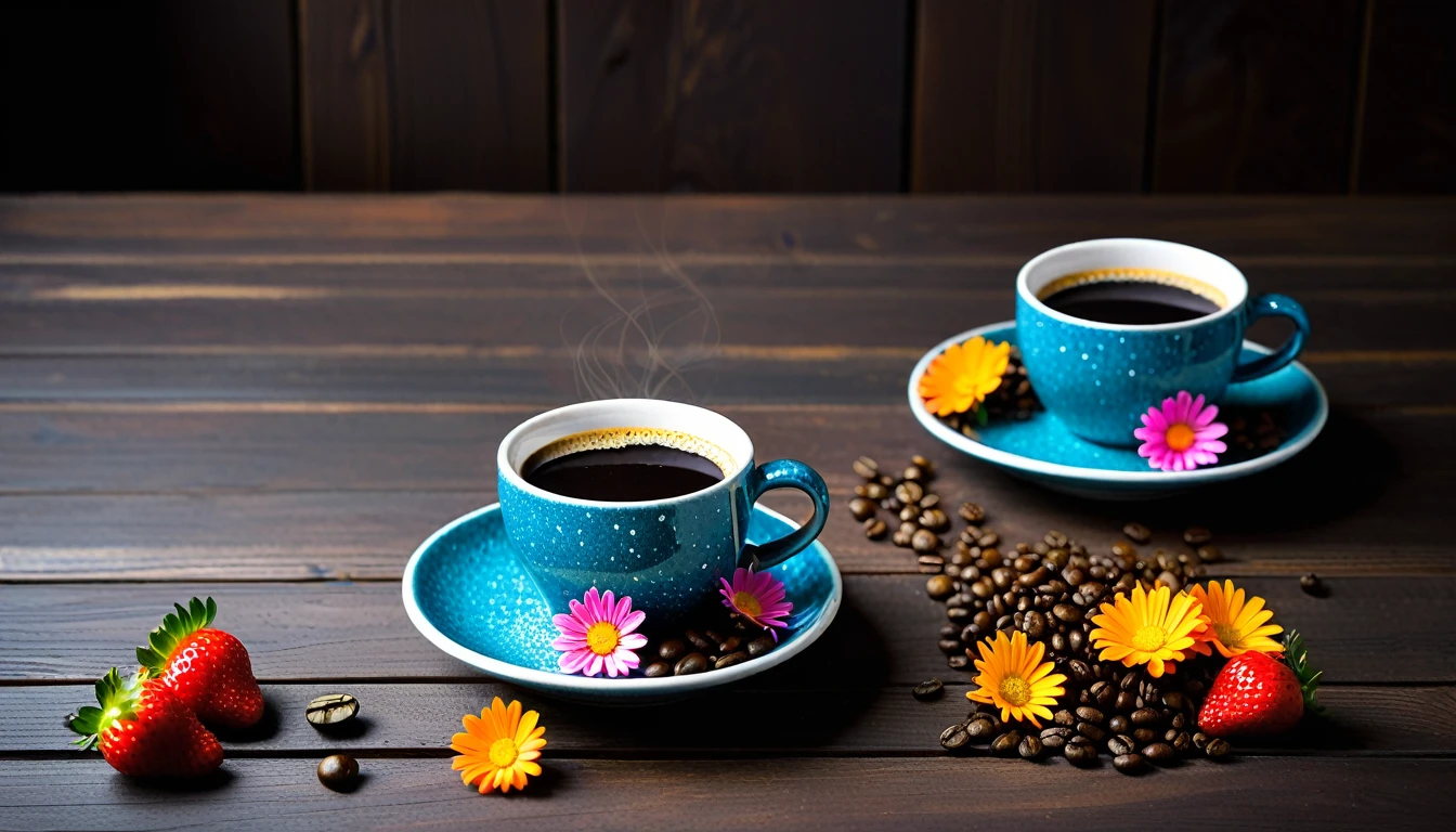 Create an image featuring two rustic blue speckled mugs on saucers,filled with a coffee cup, set on a dark wooden table. Surround the mugs with many vibrant orange and pink daisy-like flowers on the pot, some petals scattered. Include fresh strawberries and scattered coffee beans in the composition. The background should have a moody ambiance with teal and blue hues, accentuated by soft lighting that casts a cozy glow over the scene. first person view from the front,focus on the cup, litle blur on the background,focus on coffee cup,