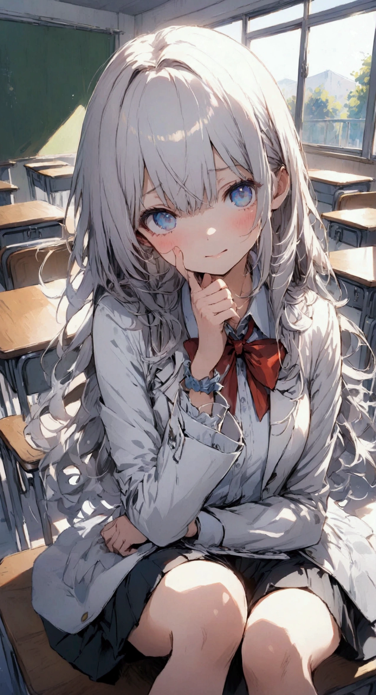 "High-quality anime-style illustration of a cute girl with long silver hair and bright blue eyes, sitting in a classroom. She is wearing a with a white blazer, red bow, and black skirt. The girl is looking slightly to the side with a shy expression, her hand near her face, and her legs crossed. The background shows a sunny classroom with desks and windows."