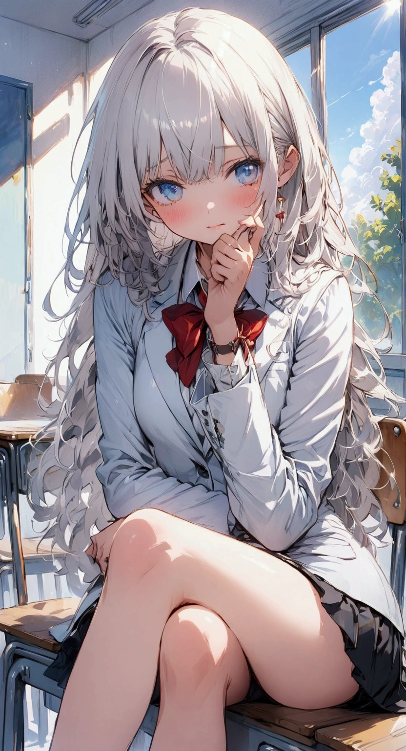 "High-quality anime-style illustration of a cute girl with long silver hair and bright blue eyes, sitting in a classroom. She is wearing a with a white blazer, red bow, and black skirt. The girl is looking slightly to the side with a shy expression, her hand near her face, and her legs crossed. The background shows a sunny classroom with desks and windows."
