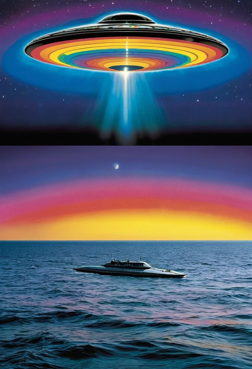 A large multicolor UFO hovering over an ocean, Three large lit panels of the UFO hull spell "SEA", Style of a 1970s prog rock album cover, style of Boston albums, style of ELO