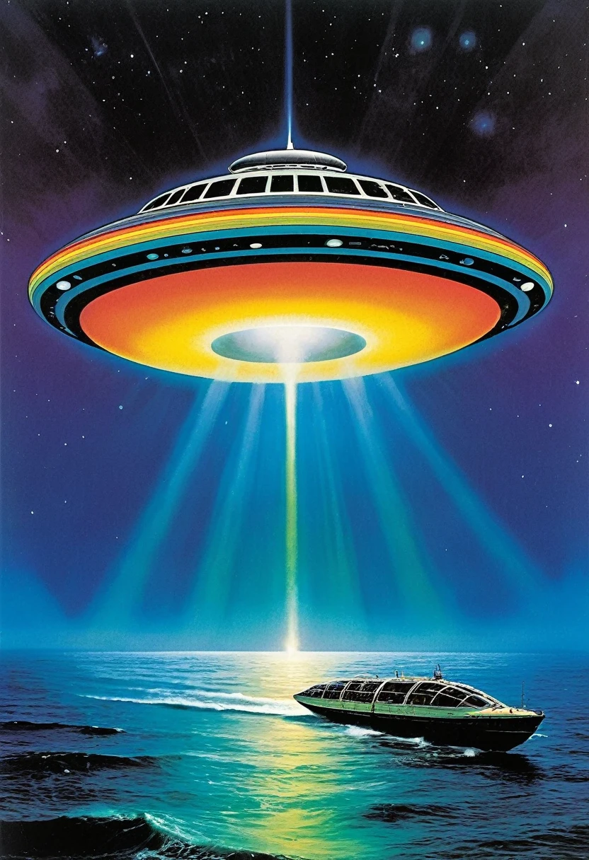 A large multicolor UFO hovering over an ocean, Three large lit panels of the UFO hull spell "SEA", Style of a 1970s prog rock album cover, style of Boston albums, style of ELO