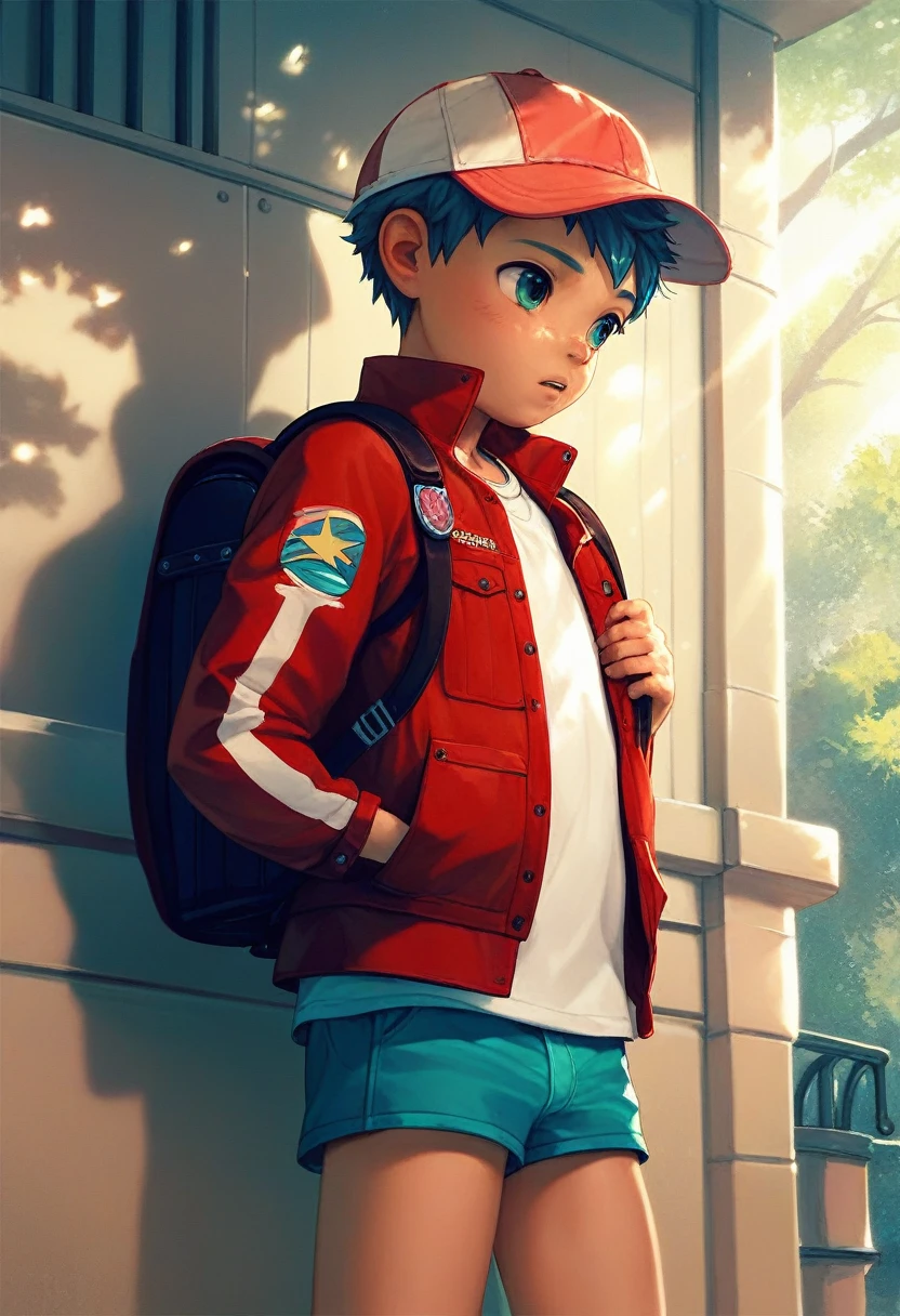 (((Masterpiece))), best quality, best quality, cowboy shot, perfect anatomy, realistic face, outdoors, sunny, warm sunlight, backlighting, dramatic lighting, painterly 1boy, (((shota))), solo, red jacket, three quarter view, cap, backpack, hand in pocket