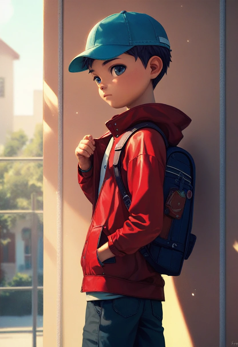 (((Masterpiece))), best quality, best quality, cowboy shot, perfect anatomy, realistic face, outdoors, sunny, warm sunlight, backlighting, dramatic lighting, painterly 1boy, (((shota))), solo, red jacket, three quarter view, cap, backpack, hand in pocket