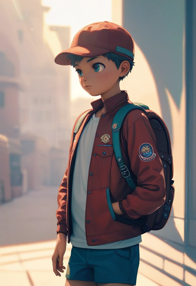 (((Masterpiece))), best quality, best quality, cowboy shot, perfect anatomy, realistic face, outdoors, sunny, warm sunlight, backlighting, dramatic lighting, painterly 1boy, (((shota))), solo, red jacket, three quarter view, cap, backpack, hand in pocket