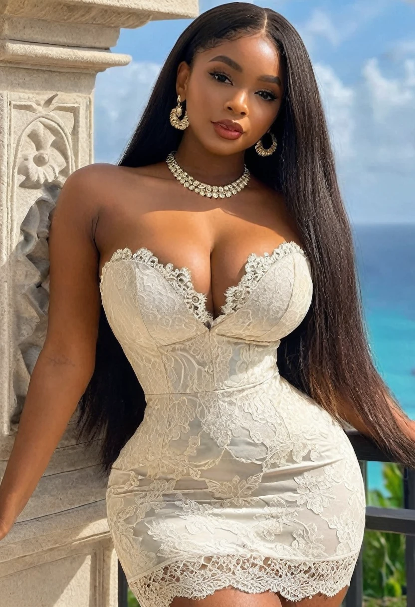 (best high quality:1.5), work of art, (8k), extremely detailed, (High details:1.4), Solo, ((HotLexi)), Angolan girl with 24 years old, (tight short sexy lace dress strapless), (pretty perfect model square defined face:1.4), ((hottie busty with perfect hourglass-shaped model body)), BREAK,