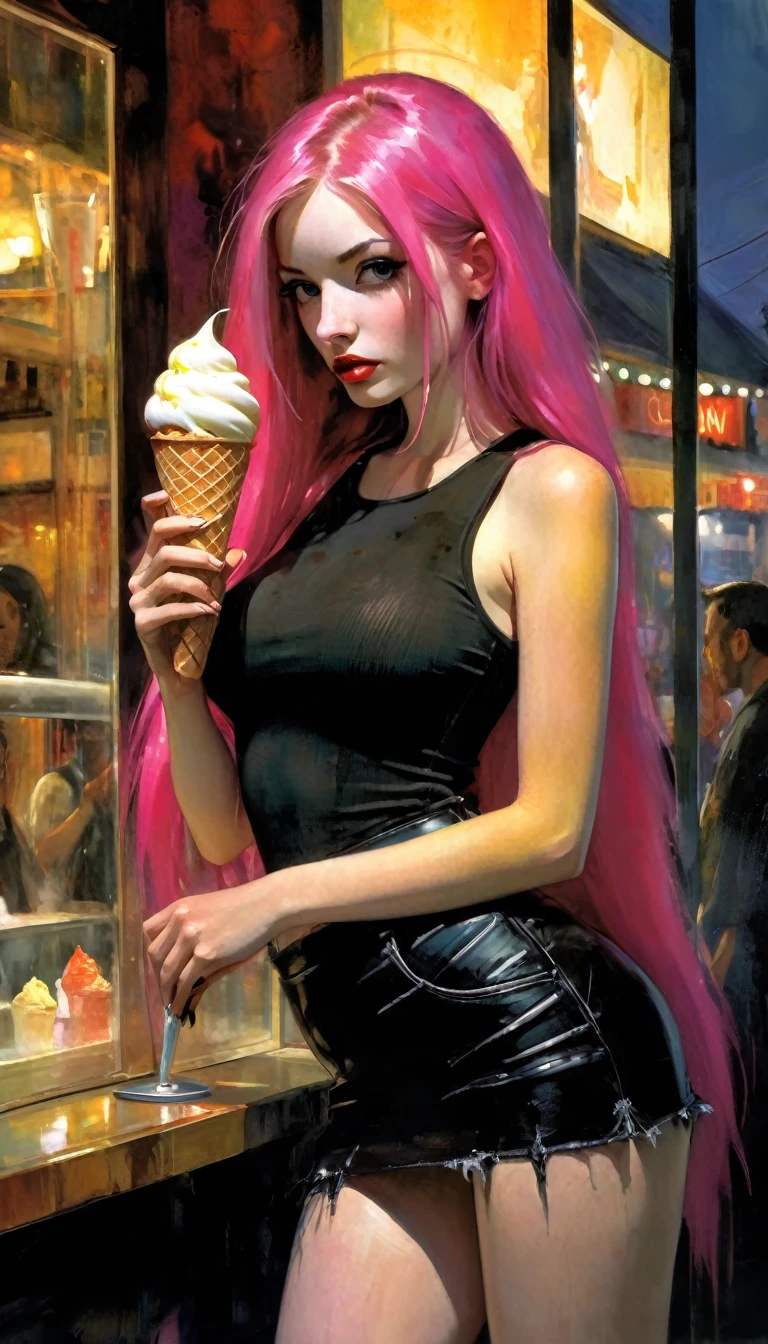 Sexy girl, long pink hair, tight miniskirt, plain tank top, big nipples, holding an ice cream in an ice cream shop oil painting, chiaroscuro, sensual, dramatic lighting, moody atmosphere, photorealistic, intricate details, masterpiece, ultra-detailed, high quality, 8k, best quality, realistic, cinematic, dark and brooding, expressionistic, powerful composition, emotional impact, Bill Sienkiewicz inspired art
