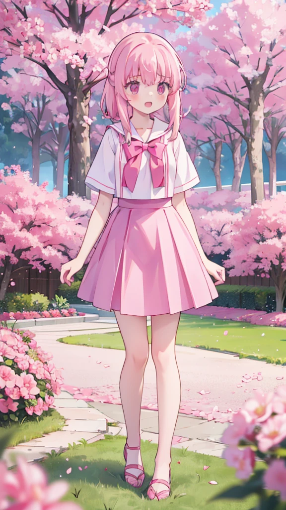 1girl solo pink hair, pink eyes with love, detailed eyes, straight hair, straight bangs, shiny hair,
,red bowtie,purple skirt,purple shirt,pleated skirt,short sleeves,looking at the bottom, laughter , open mouth, pink sakura trees and pink grass, in the middle of the sakura trees, walking around in the pink grass with pink flower petals on the ground high-definition,masterpiece, masterpiece, best quality, high resolution, aabeta, double, slim waist, cute, sailor uniform (PastelColors: 1.3)
