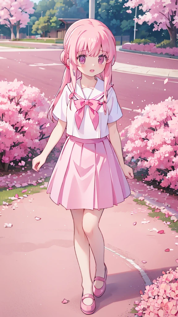 1girl solo pink hair, pink eyes with love, detailed eyes, straight hair, straight bangs, shiny hair,
,red bowtie,purple skirt,purple shirt,pleated skirt,short sleeves,looking at the bottom, laughter , open mouth, pink sakura trees and pink grass, in the middle of the sakura trees, walking around in the pink grass with pink flower petals on the ground high-definition,masterpiece, masterpiece, best quality, high resolution, aabeta, double, slim waist, cute, sailor uniform (PastelColors: 1.3)