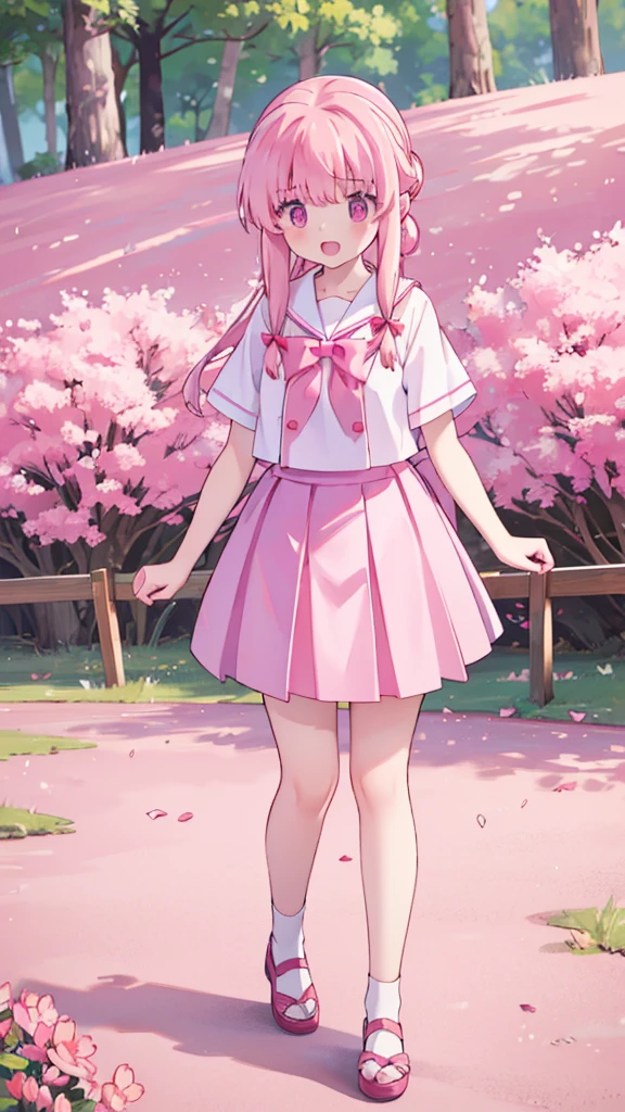 1girl solo pink hair, pink eyes with love, detailed eyes, straight hair, straight bangs, shiny hair,
,red bowtie,purple skirt,purple shirt,pleated skirt,short sleeves,looking at the bottom, laughter , open mouth, pink sakura trees and pink grass, in the middle of the sakura trees, walking around in the pink grass with pink flower petals on the ground high-definition,masterpiece, masterpiece, best quality, high resolution, aabeta, double, slim waist, cute, sailor uniform (PastelColors: 1.3)