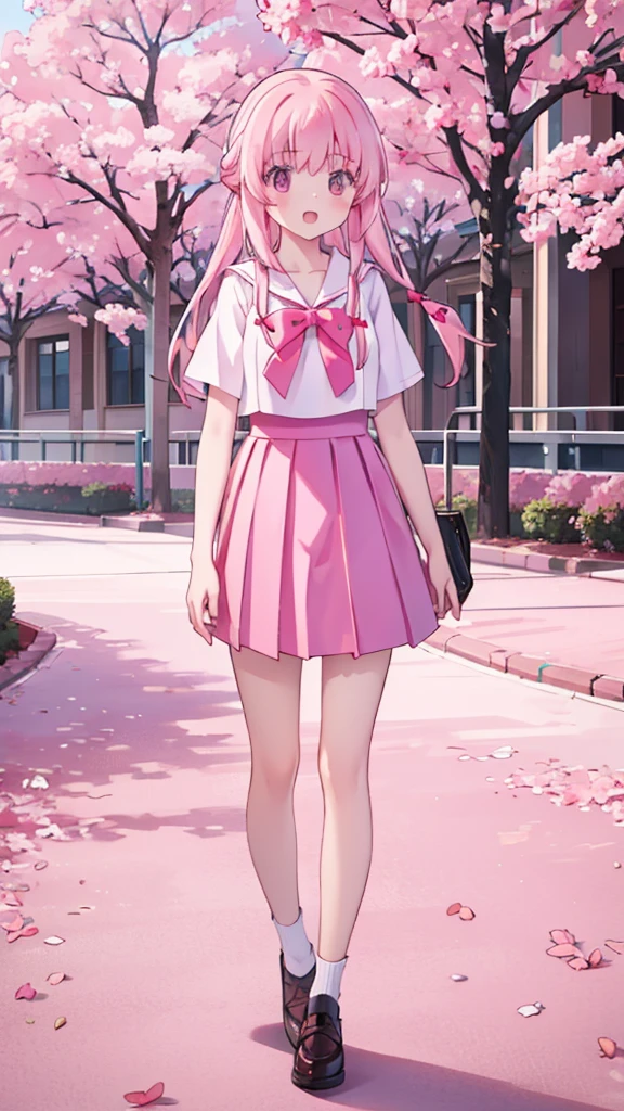 1girl solo pink hair, pink eyes with love, detailed eyes, straight hair, straight bangs, shiny hair,
,red bowtie,purple skirt,purple shirt,pleated skirt,short sleeves,looking at the bottom, laughter , open mouth, pink sakura trees and pink grass, in the middle of the sakura trees, walking around in the pink grass with pink flower petals on the ground high-definition,masterpiece, masterpiece, best quality, high resolution, aabeta, double, slim waist, cute, sailor uniform (PastelColors: 1.3)