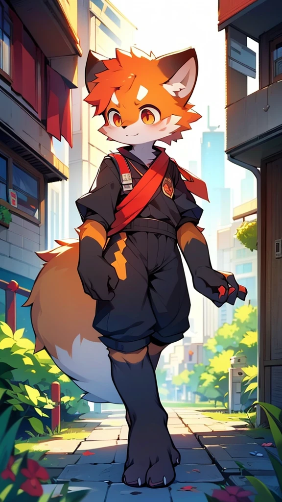 Red Panda Boy,8k resolution,Furry, Uniform attire,Red collar,feetは二つ,feetで立つ! towering,lanky,lanky,:slim body,:tall hands,feet,It's bright outside,Collapsed City,building,broken,・split arms,・bad anatomy,・bad body,