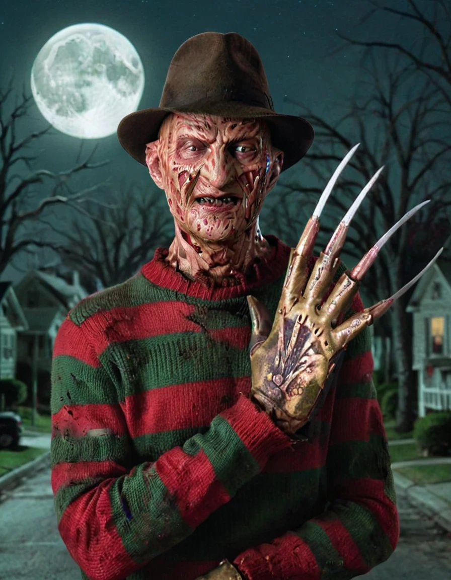 Freddy Krueger, Highly detailed, stylized illustration featuring a menacing figure with a grotesque, scarred face and pale skin. The character is wearing a dark brown fedora and a red and green striped sweater. His right hand is equipped with a glove that has long, sharp blades extending from the fingers, which are dripping with blood. The background shows a suburban street with a street sign labeled 'Elm St.' and a full moon illuminating the night sky. The overall color palette is dark and eerie, with a mix of deep blues, greens, and reds, enhancing the horror theme of the image.anatomicamente correto, super detalhado, alta qualidade, 4K, anatomicamente correto, altos detalhes, superdetalhado, 4K