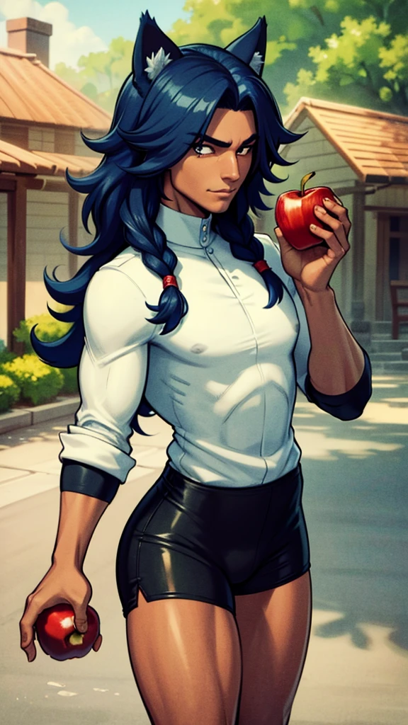 a handsome black man with a fit physique, long blue hair, feline ears, front view, in a village setting, eating an apple, 4k, high detail, best quality, masterpiece